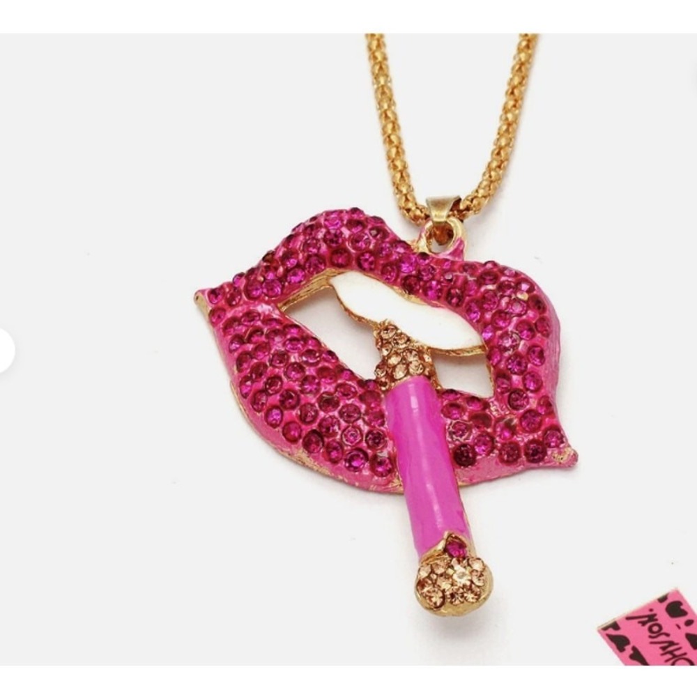 Betsey Johnson Smokin Lips Pink Rhinestone Necklace Gold Tone Statement NWT